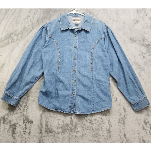 Vintage Levi's Shirt Womens Size XL Blue Embroidered Flowers Puff Long Sleeves - Picture 1 of 9